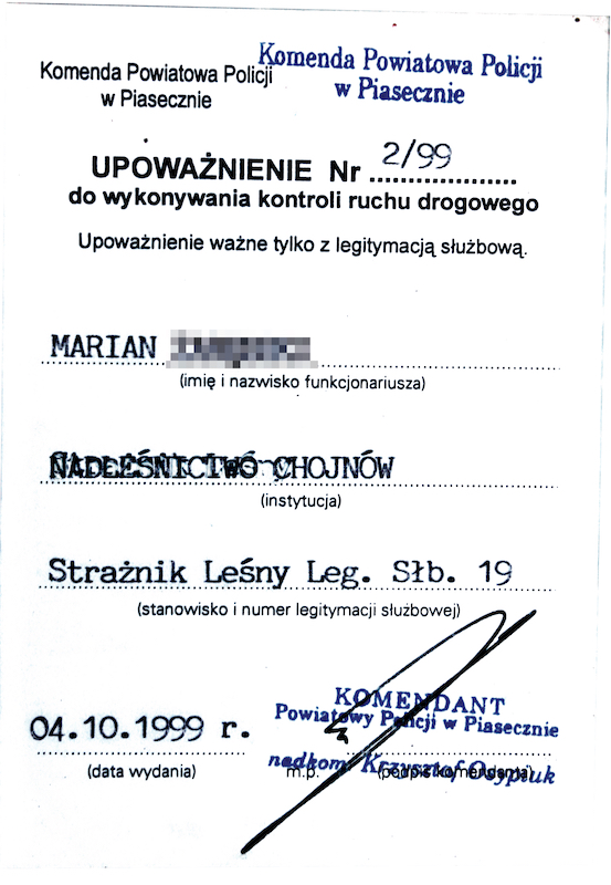 Upoważnienie strażnika leśnego do kontroli drogowej