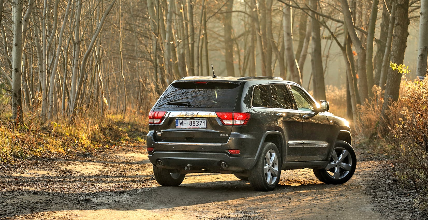 Jeep Grand Cherokee WK2 3.0 CRD tył i bok na leśnej drodze