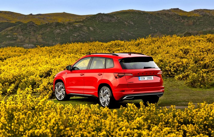 Skoda Karoq – bok i tył wśród żółtych kwiatów z górami w tle