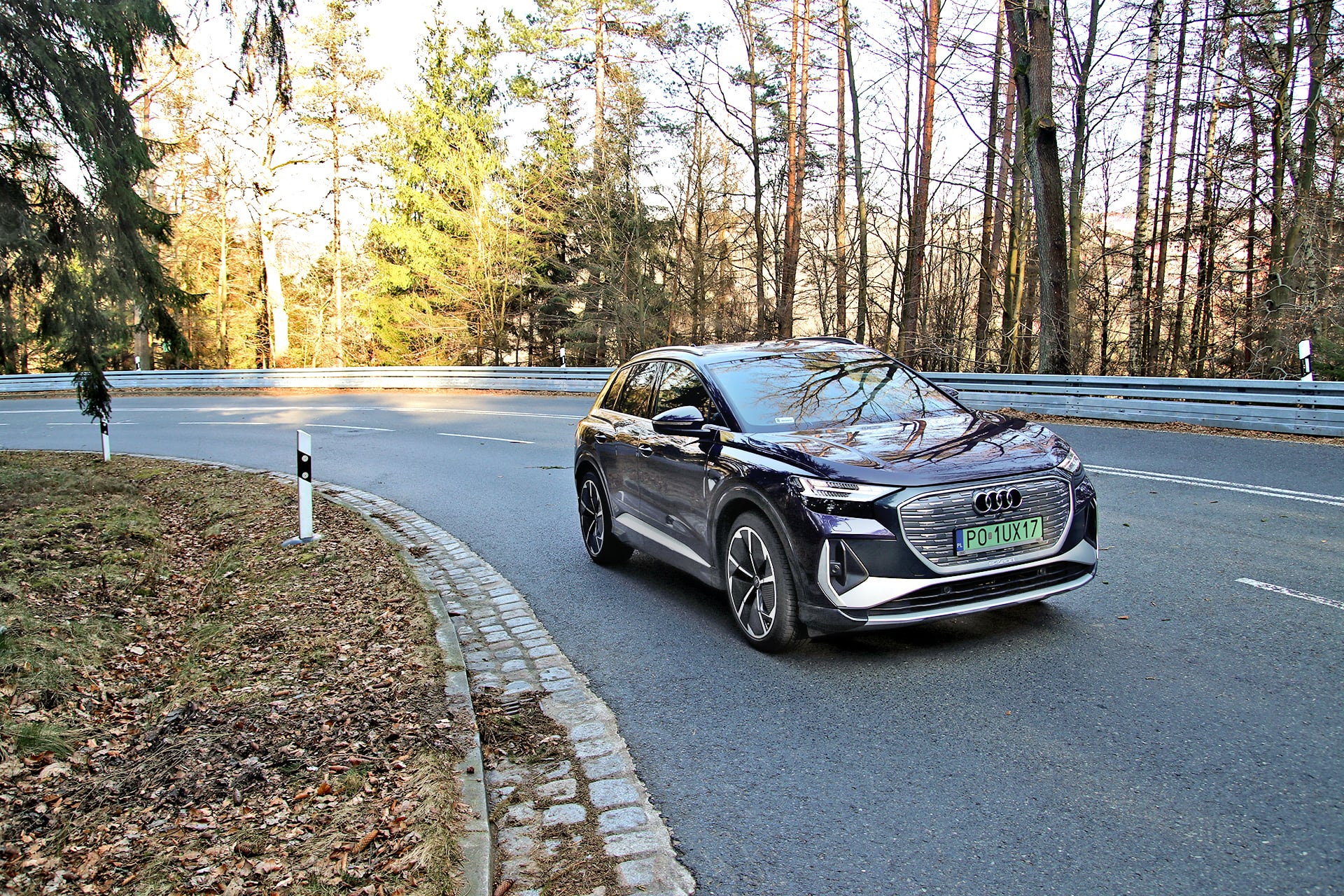 Audi Q4 e-tron 40 S line – na łuku drogi niedokończonego toru wyścigowego