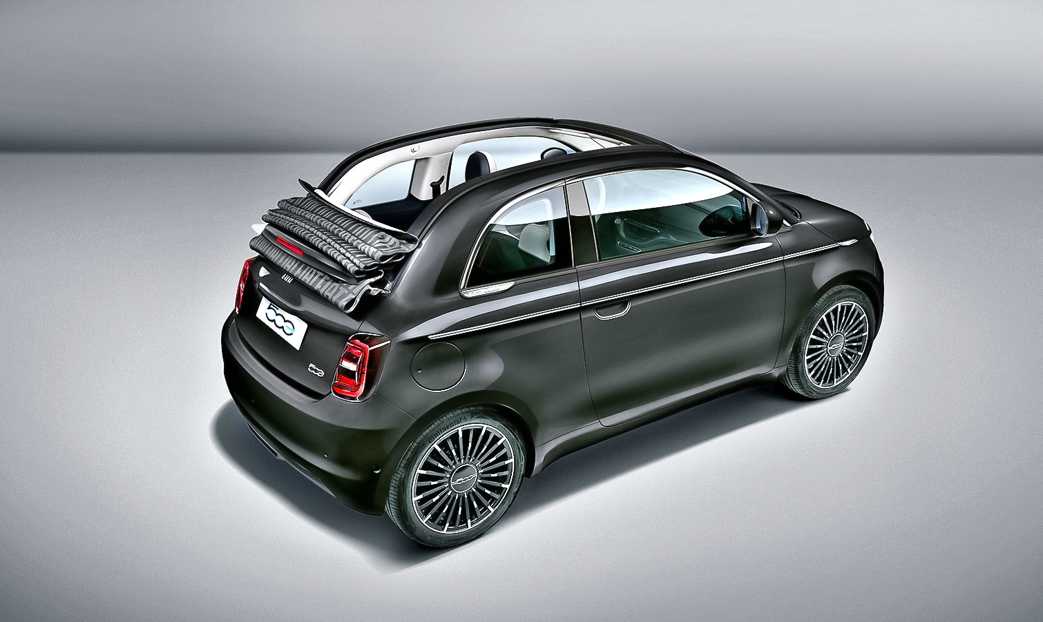 New Fiat 500 La Prima by Bocelli with open roof, top-rear view