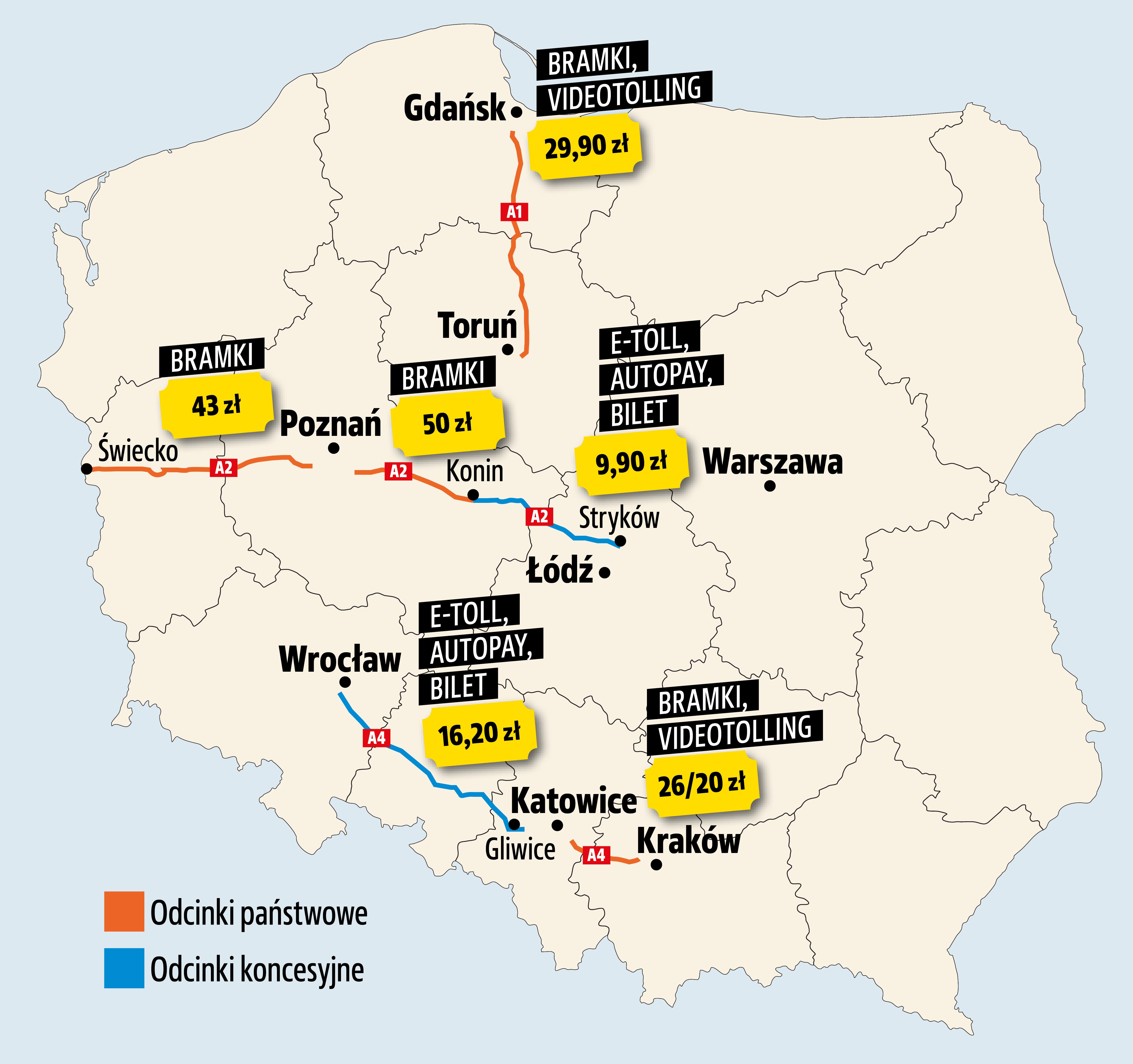 mapa Polski - koszty przejazdu autostradami