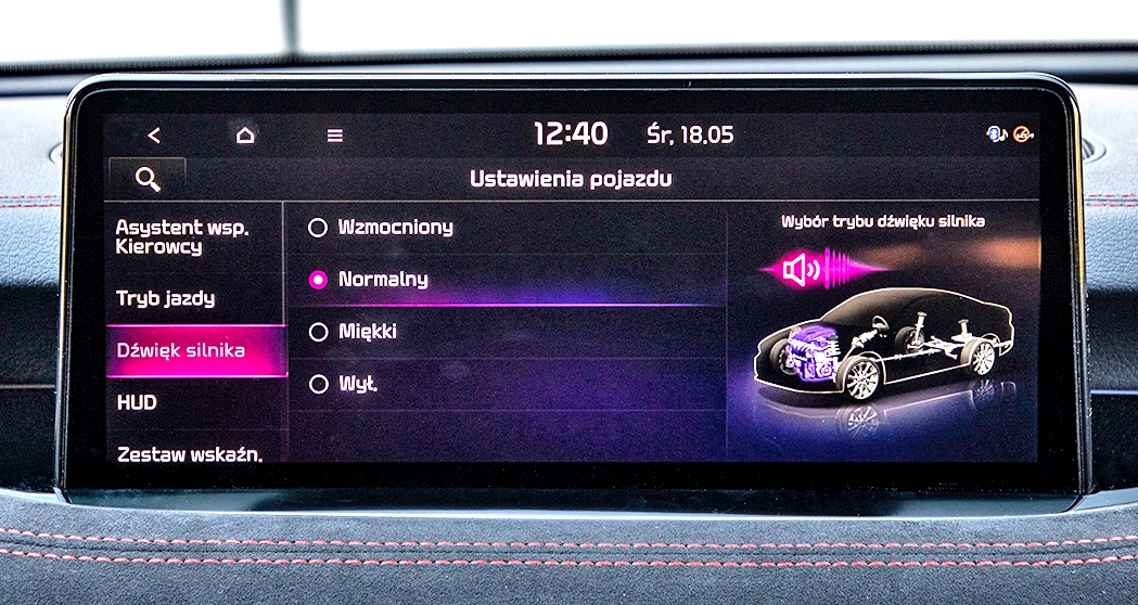 Kia Stinger 3.3 V6 T-GDI 8AT AWD GT – wyświetlacz z ustawieniami dźwieku silnika