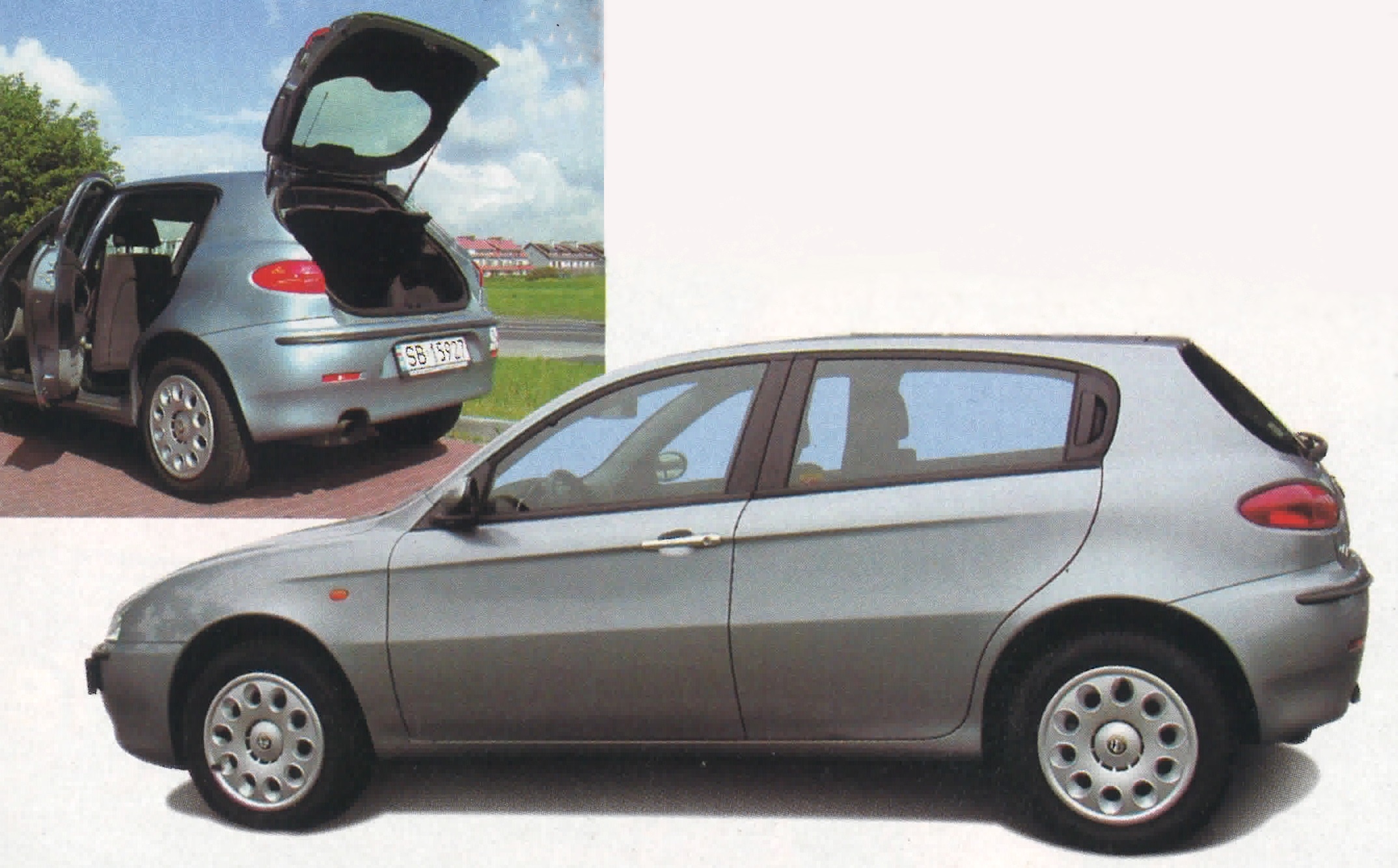 Alfa Romeo 147 1.9 JTD – bok i tył z otwartym bagażnikiem