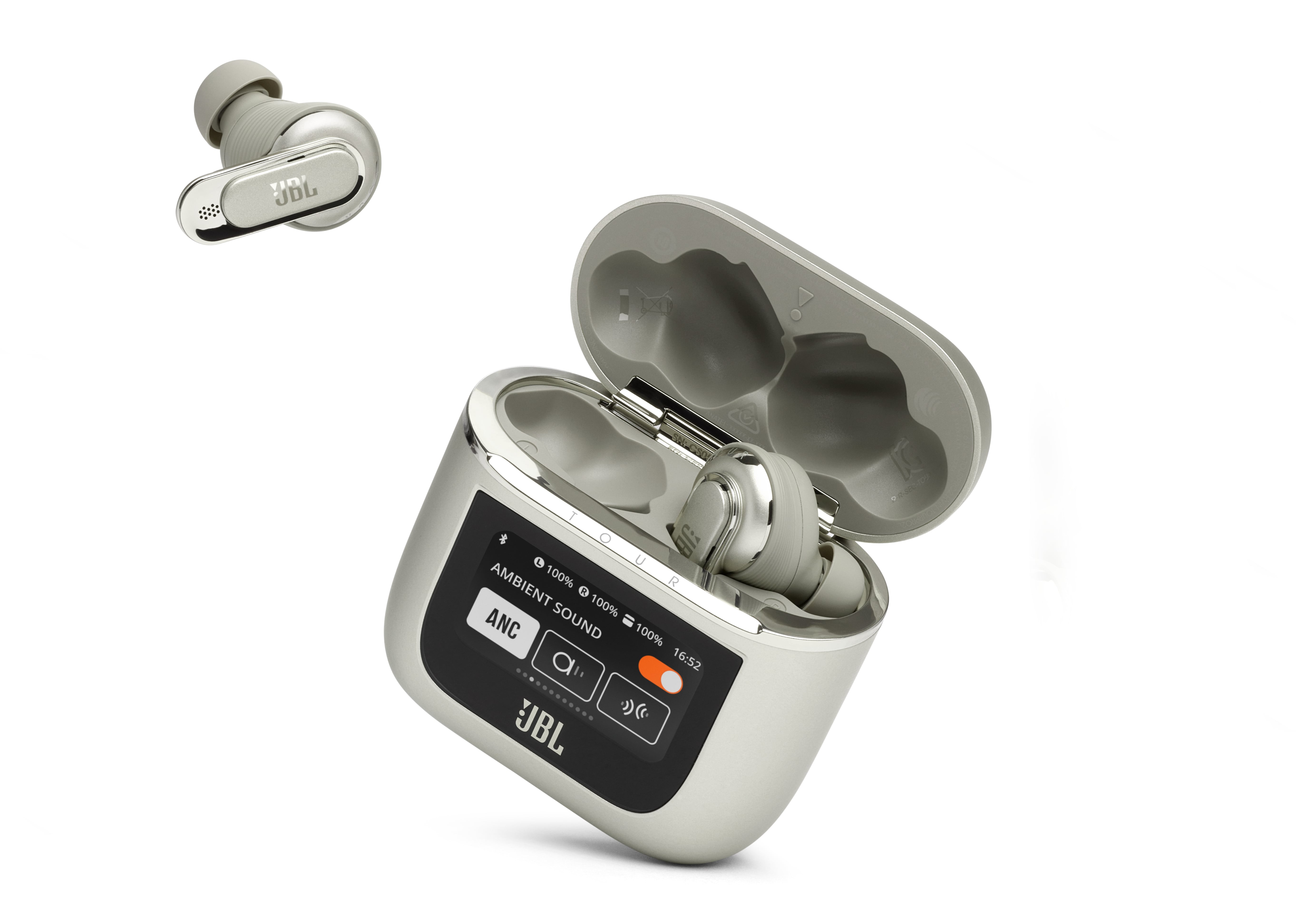 JBL-Tour-Pro 2-otwarte-etui-ladujace-jedna-sluchawka-oddzielnie
