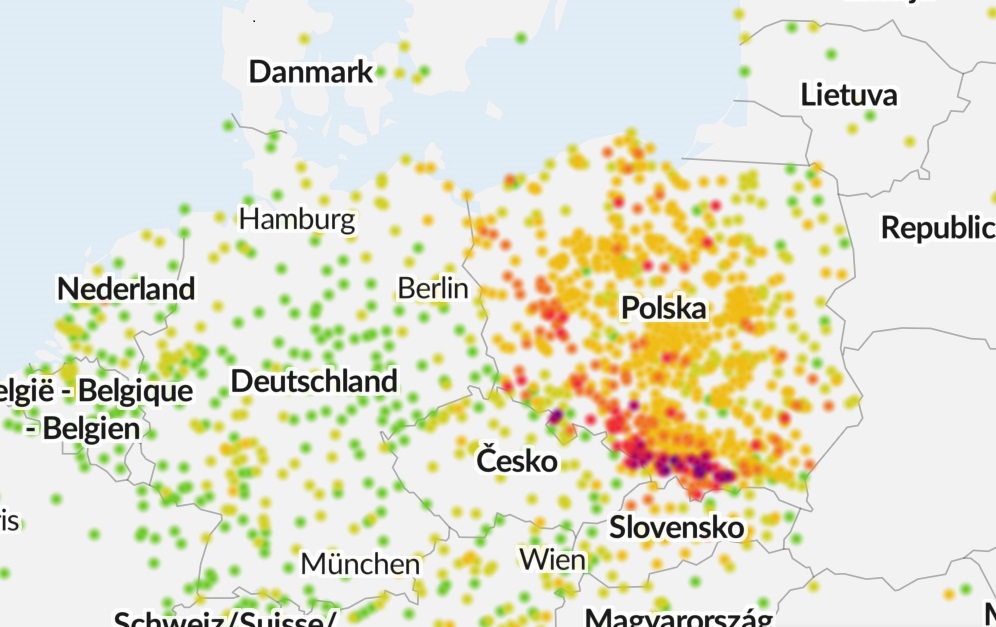 strefy czystego transportu_mapa zanieczyszczenia powietrza
