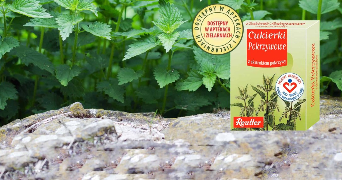 opakowanie cukierków pokrzywowych na tle pokrzyw