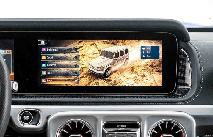 Mercedes G 580 EQ – wnętrze, ekran tryby jazdy