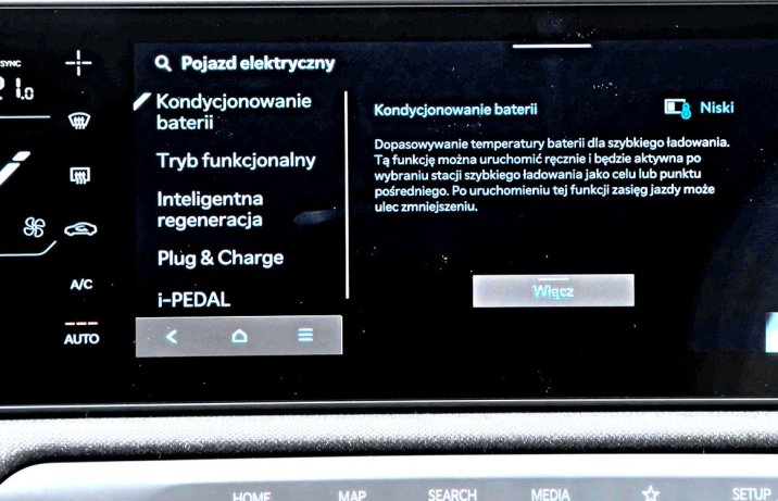 Kia EV3 81,4 kWh GT Line – kondycjonowanie baterii, ekran z ustawieniami
