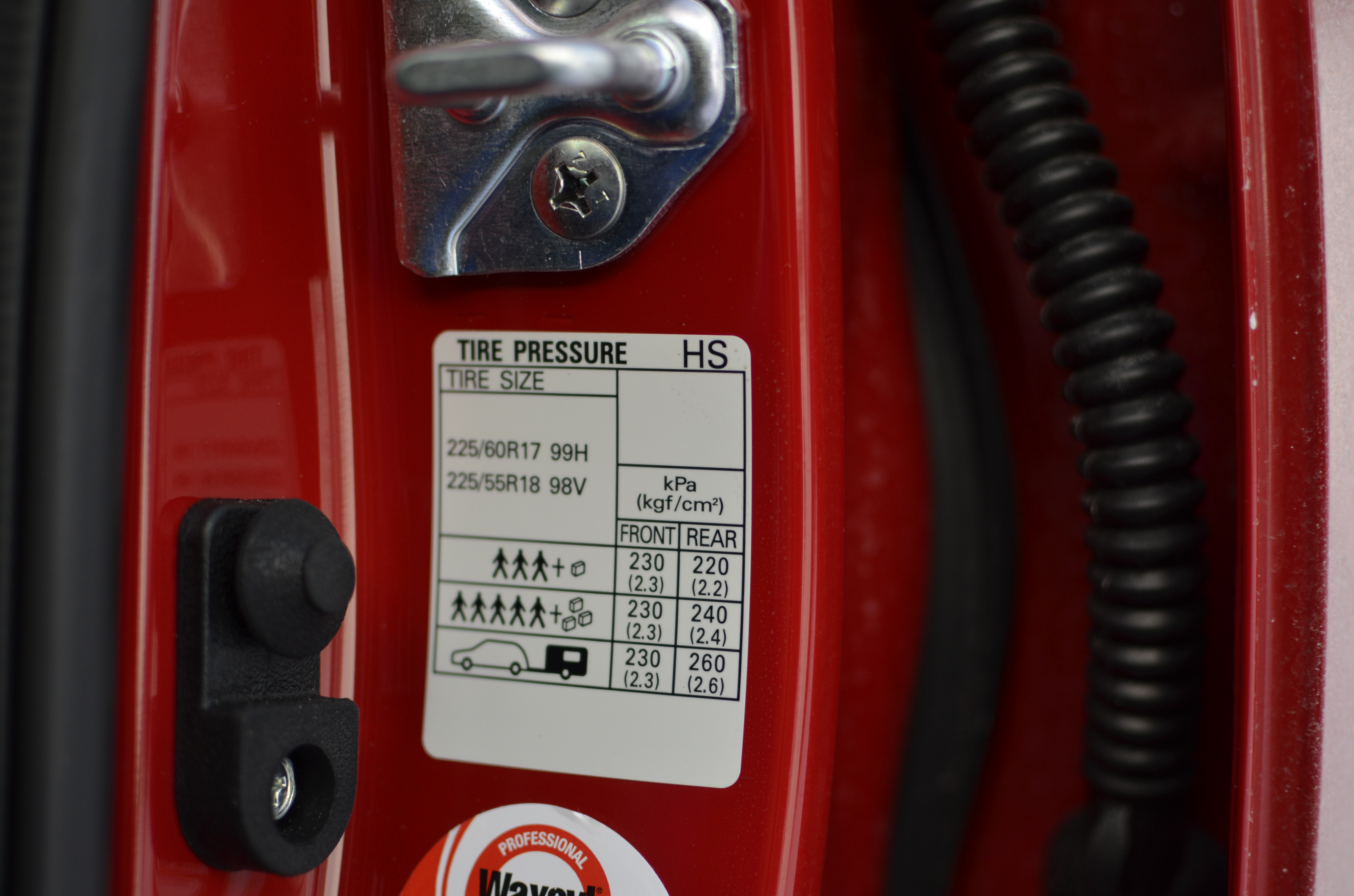 tabliczka informująca o ciśnieniu w oponach