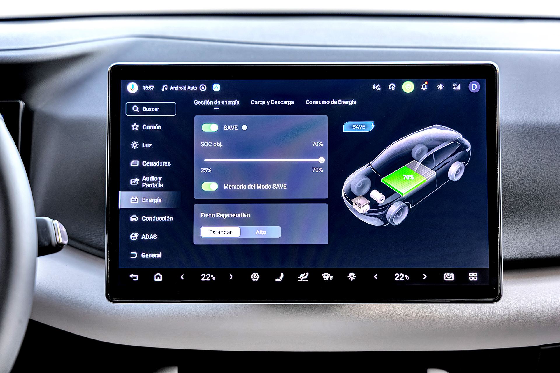 BYD Atto 2 DM-i – ekran ustawień pracy napędu.